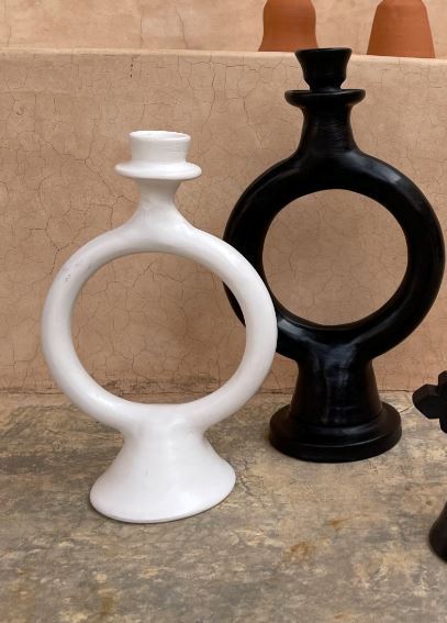 Une de Nomade, Handmade Moroccan Glazed Circle Terra Cotta Candle Holders, Black Glaze- Placewares